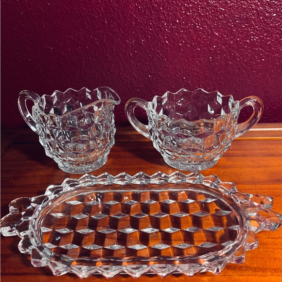 FOSTORIA American Glass Creamer Pitcher, Sugar Bowl, &Tray or Butter Dish - Picture 4 of 5